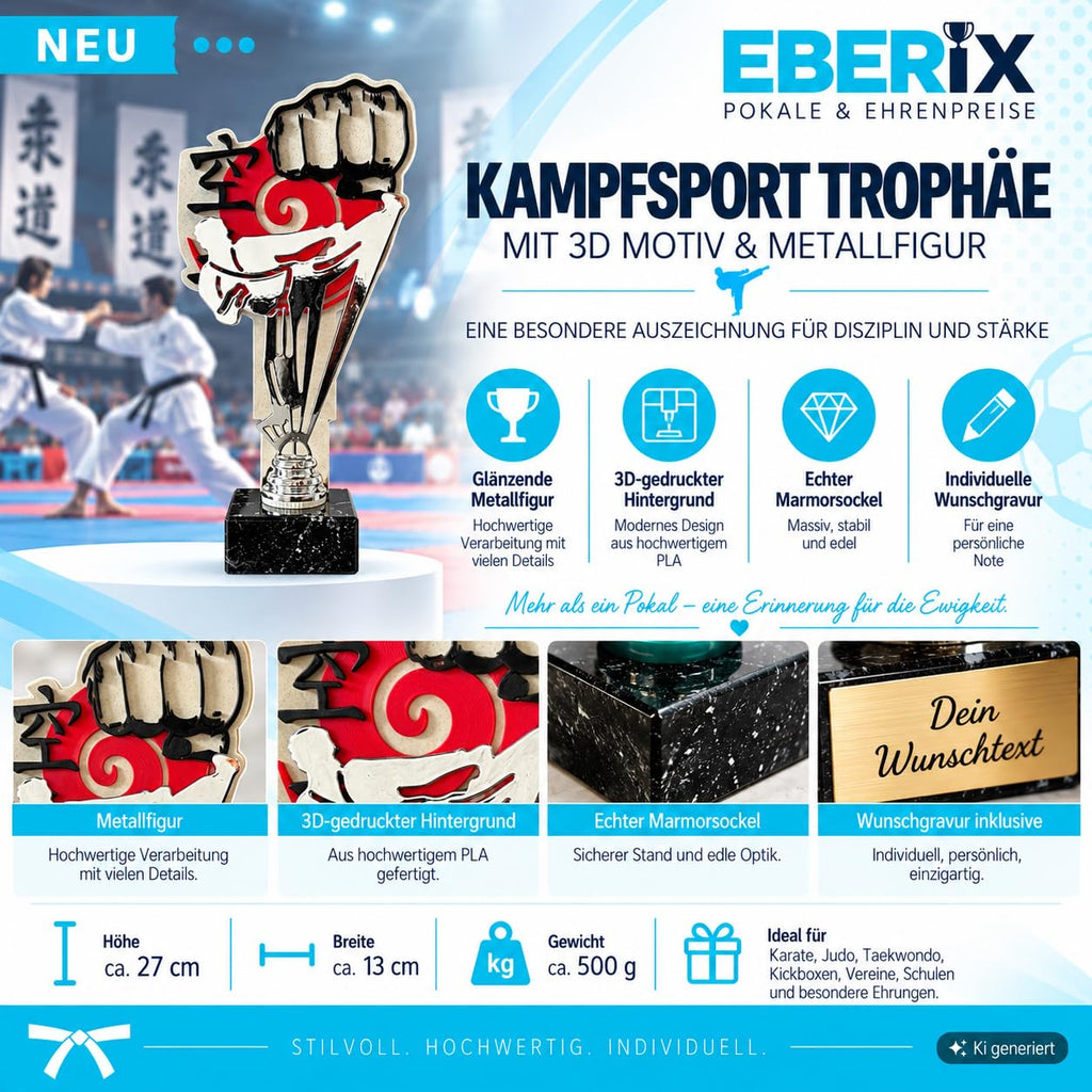 Kampfsport Pokal 27 cm Metallfigur mit Wunschgravur & 3D-Hintergrund