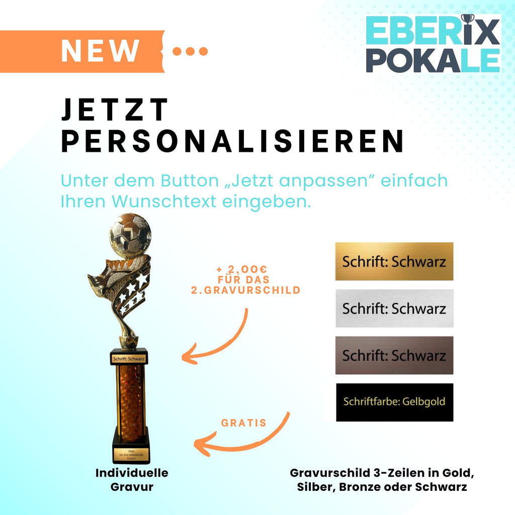 eberix · Fußball Pokal · mit Wunschgravur · Trophäe mit Ball & Schuh Motiv · Siegerpokal für Fußballturnier, Vereinsmeisterschaft, Jugendfußball, Sportfest · personalisierbar ·