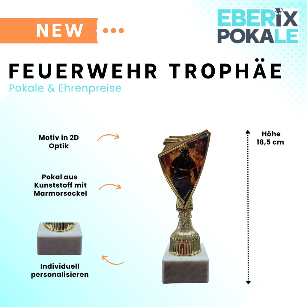 Feuerwehr Pokal 18,5cm - Goldene Trophäe mit 2D-Motiv & Marmorsockel