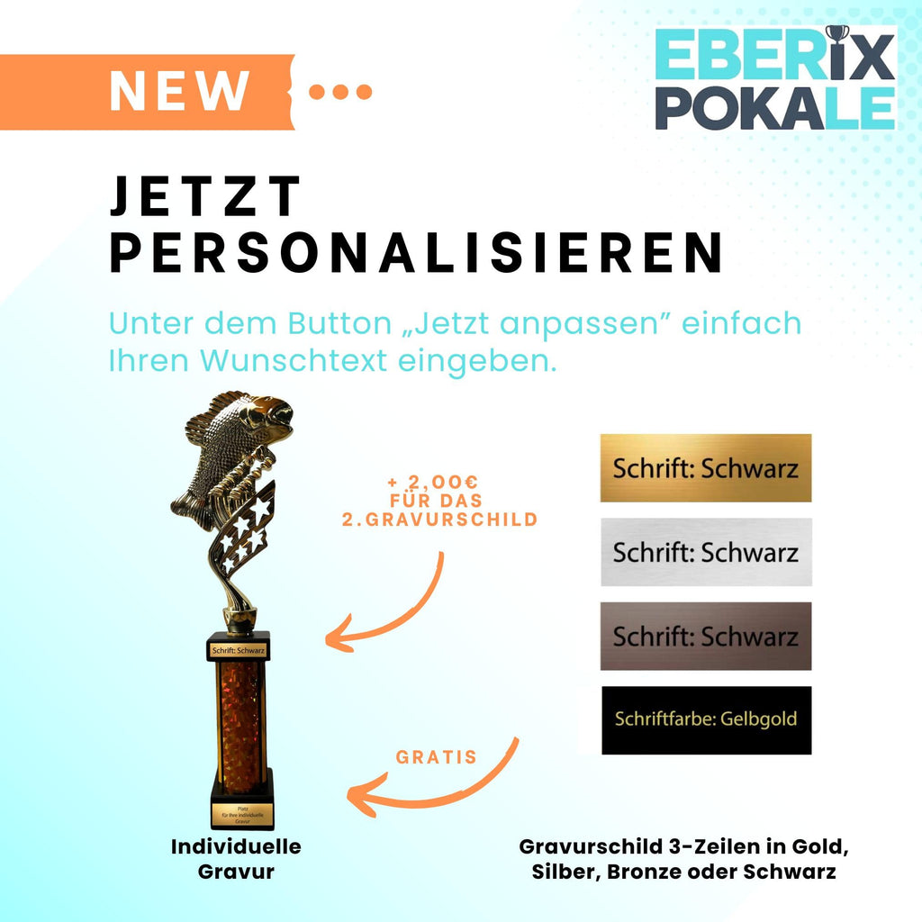 eberix · Angelsport Pokal · mit Wunschgravur · Trophäe mit Glanzsäule · Siegerpokal für Angelturnier, Vereinsfischen, Fischerfest, Raubfisch-Cup · personalisierbar ·