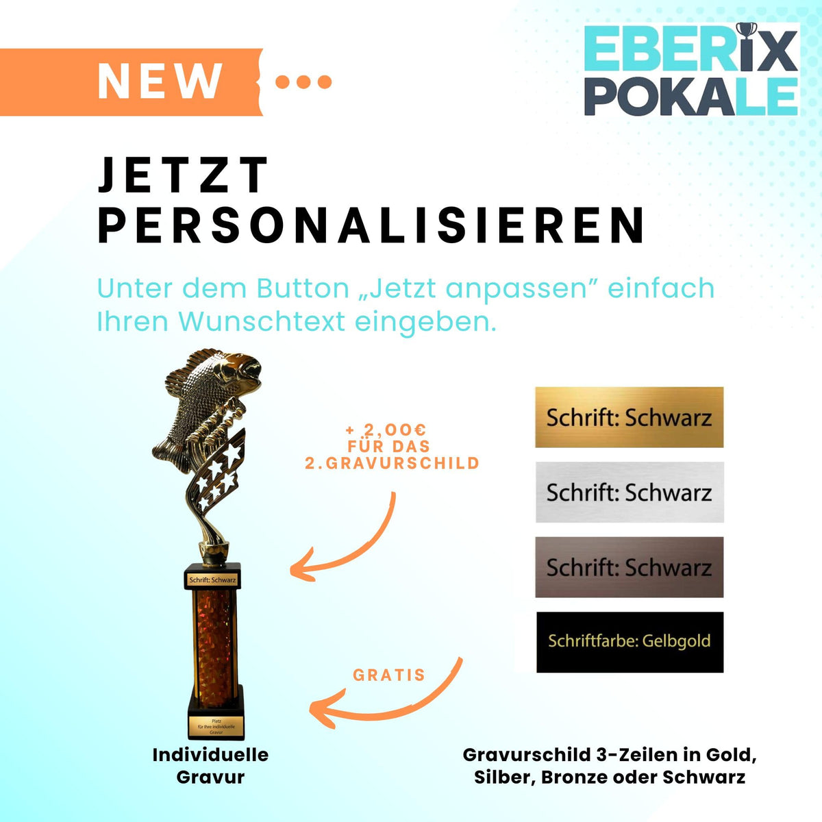 eberix · Angelsport Pokal · mit Wunschgravur · Trophäe mit Glanzsäule · Siegerpokal für Angelturnier, Vereinsfischen, Fischerfest, Raubfisch-Cup · personalisierbar ·