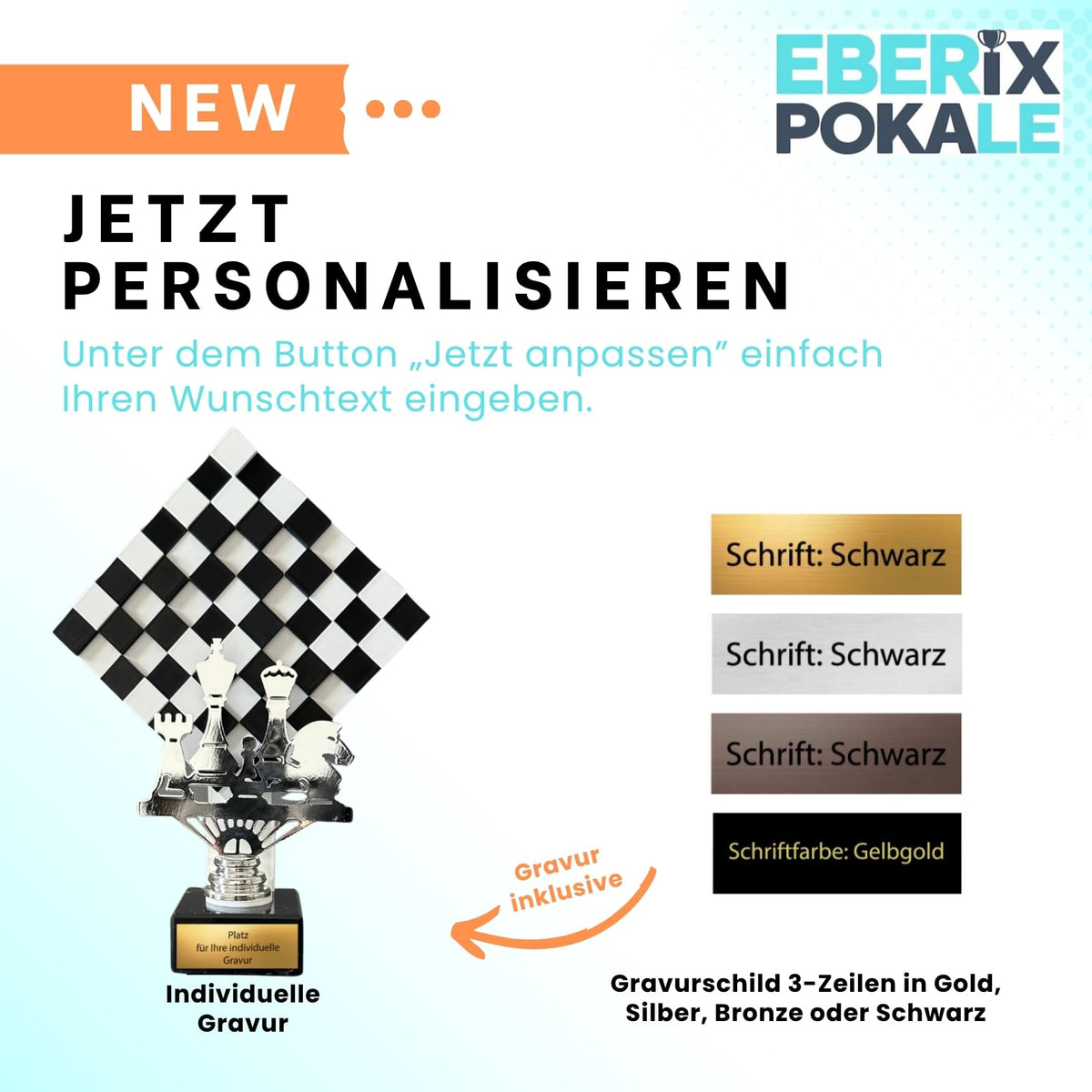 Schachpokal 24 cm Metallfigur mit Wunschgravur & 3D-Hintergrund