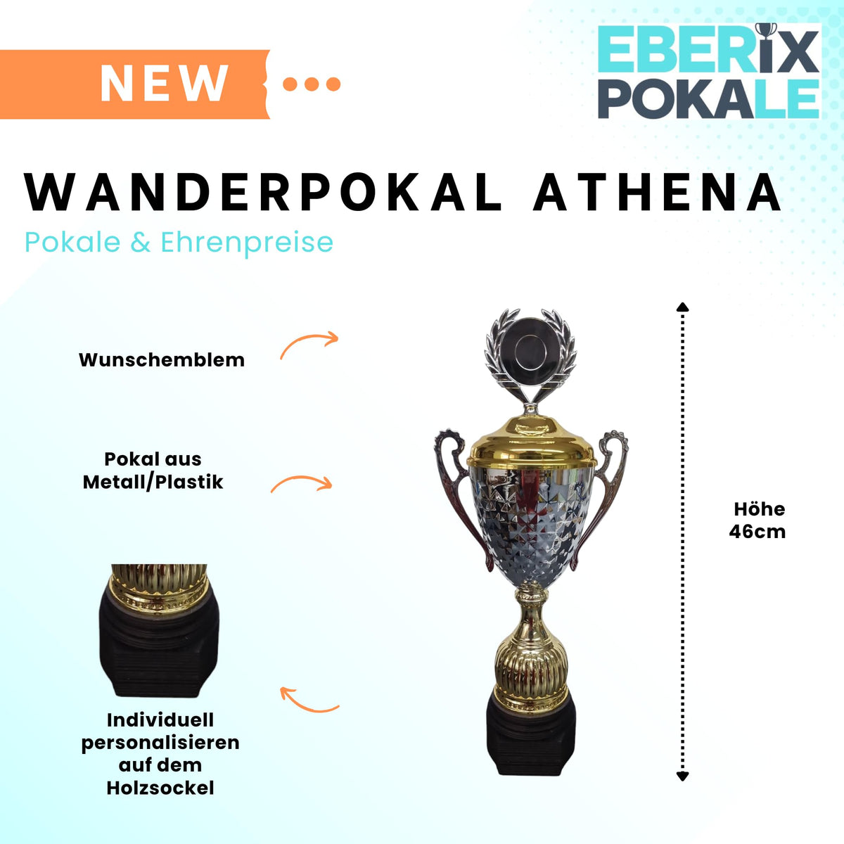 EBERiX · Athena oder Ares Wanderpokal · Wanderpokal mit Gravur · Eleganter Metallpokal mit Deckel & Holzsockel · 46 cm Höhe · Inkl. Gravurschild · personalisierbar