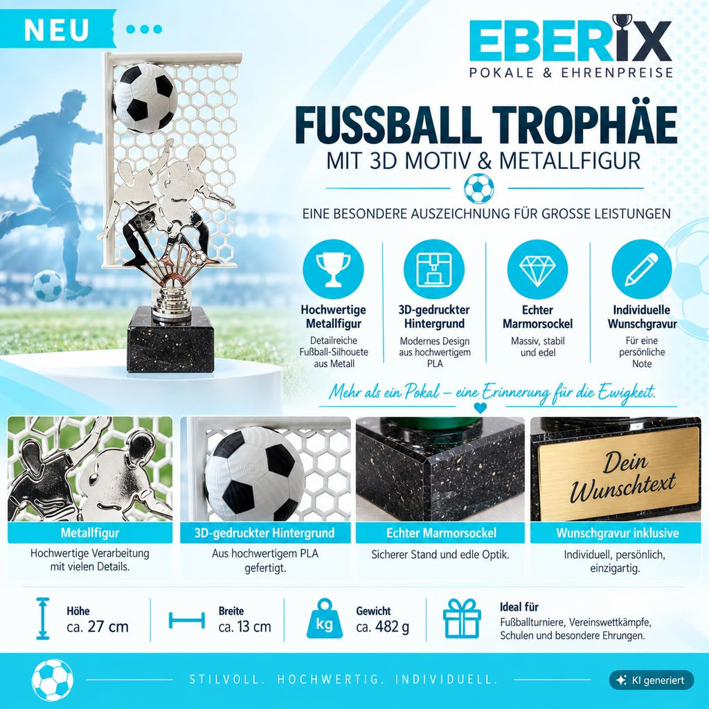 Fußball Trophäe 27 cm Metallfigur mit Wunschgravur & 3D-Hintergrund