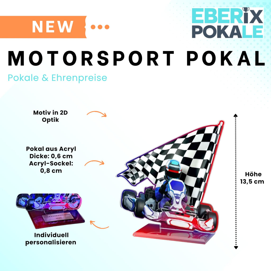 Motorsport Pokal aus Acryl - 13,5 cm Racing Trophäe mit Wunschgravur