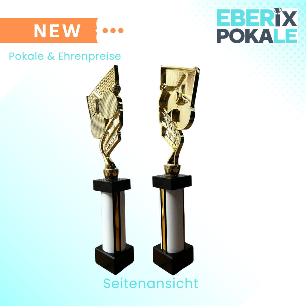 eberix · Tischtennis Pokal · mit Wunschgravur · Trophäe mit weißer Glanzsäule · Siegerpokal für Tischtennisturnier, Schulmeisterschaft, Verein, Jugendturnier · personalisierbar ·