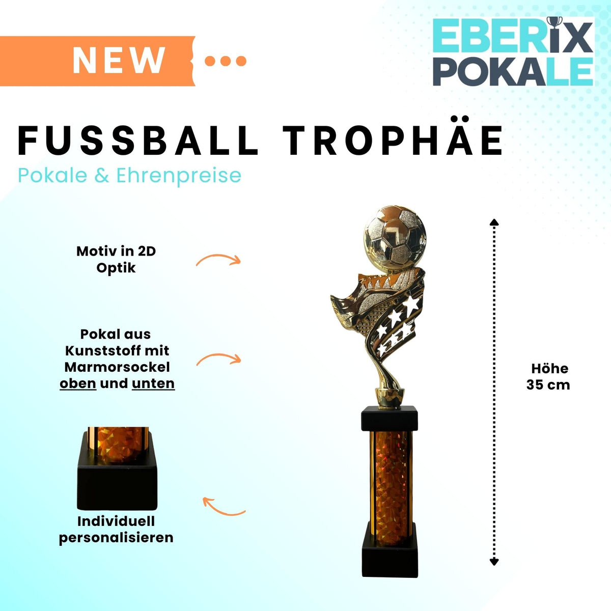 eberix · Fußball Pokal · mit Wunschgravur · Trophäe mit Ball & Schuh Motiv · Siegerpokal für Fußballturnier, Vereinsmeisterschaft, Jugendfußball, Sportfest · personalisierbar ·