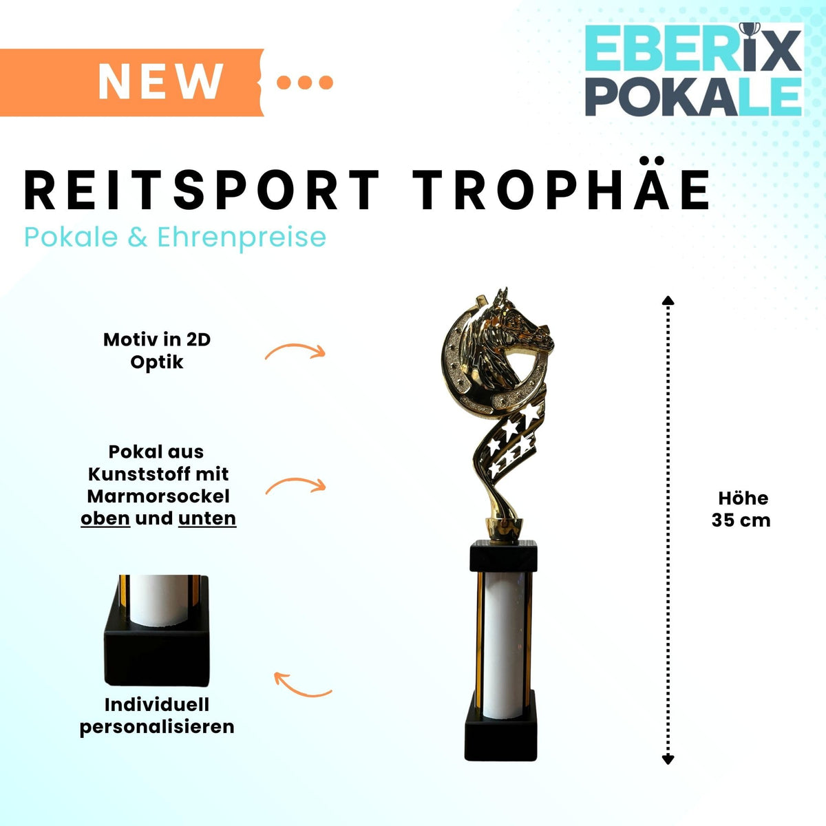 eberix · Reitsport Pokal · mit Wunschgravur · Trophäe mit Hufeisen-Motiv & weißer Glanzsäule · Siegerpokal für Reitturnier, Voltigieren, Dressur, Pferdesport ·