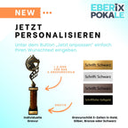 eberix · Reitsport Pokal · mit Wunschgravur · Trophäe mit Hufeisen-Motiv & goldener Glanzsäule · Siegerpokal für Reitturnier, Voltigieren, Dressur, Pferdesport ·
