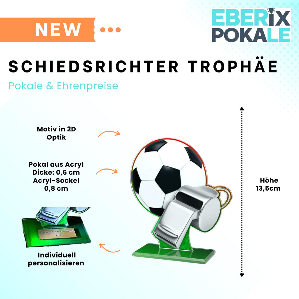 14 cm Acryl Fußballpokal - Trophäe für Schiedsrichter mit Pfeife & Ball