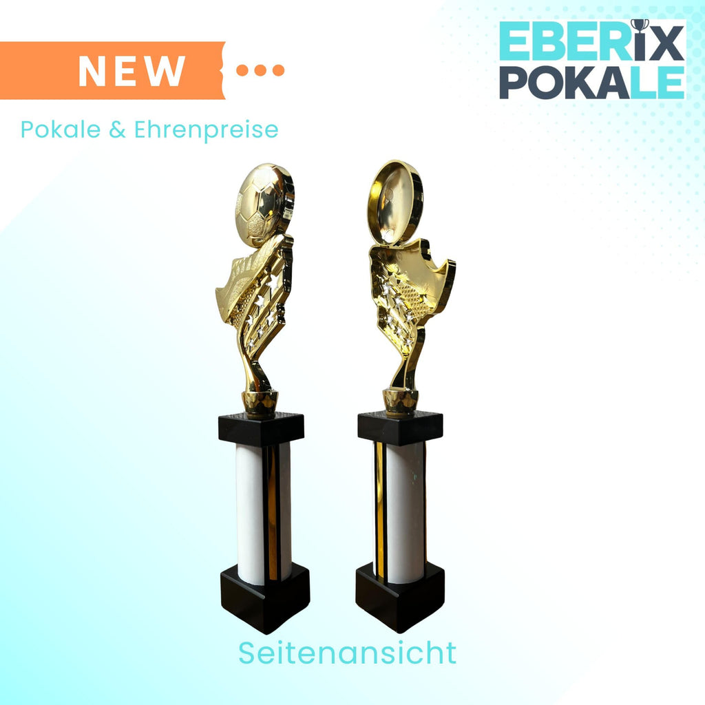 eberix · Fußball Pokal · mit Wunschgravur · Trophäe mit weißer Glanzsäule inkl. Gravur · Siegerpokal für Fußballturnier, Vereinsmeisterschaft, Jugendfußball · personalisierbar ·