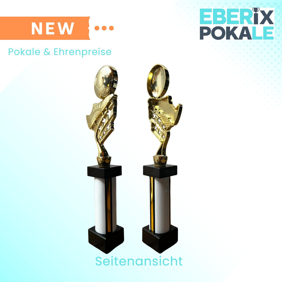 eberix · Fußball Pokal · mit Wunschgravur · Trophäe mit weißer Glanzsäule inkl. Gravur · Siegerpokal für Fußballturnier, Vereinsmeisterschaft, Jugendfußball · personalisierbar ·