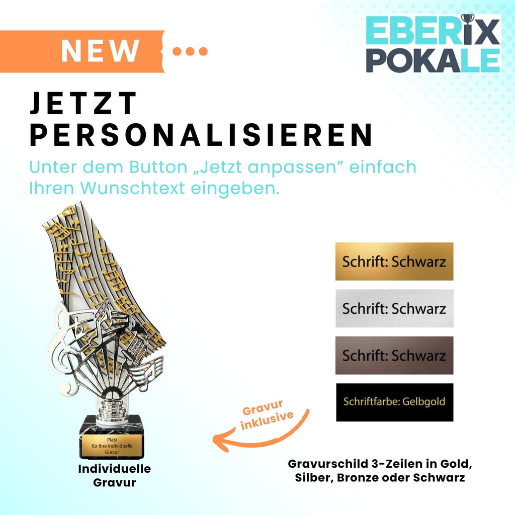 Musik Pokal 24,5 cm Metallfigur mit Wunschgravur & 3D-Hintergrund