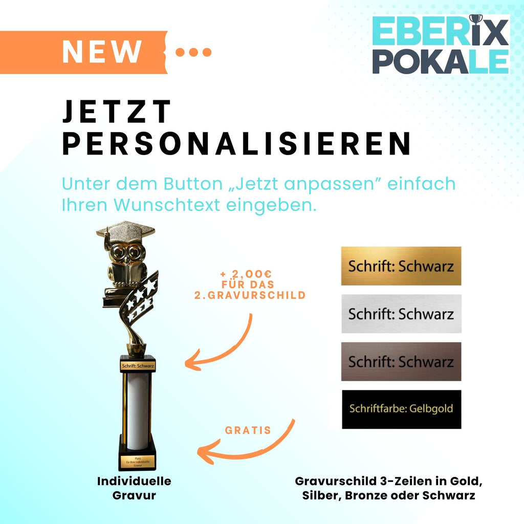 eberix · Bildung Eule Pokal· mit Wunschgravur · Trophäe mit Doktorhut-Motiv · Ehrenpreis für Schulabschluss, Kindergarten, Abitur, Bildungspreis · personalisierbar ·
