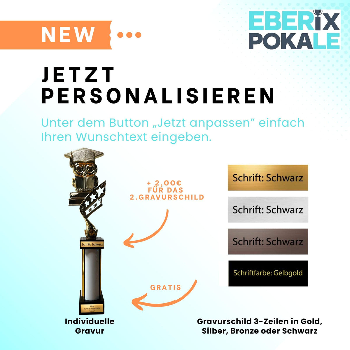eberix · Bildung Eule Pokal· mit Wunschgravur · Trophäe mit Doktorhut-Motiv · Ehrenpreis für Schulabschluss, Kindergarten, Abitur, Bildungspreis · personalisierbar ·