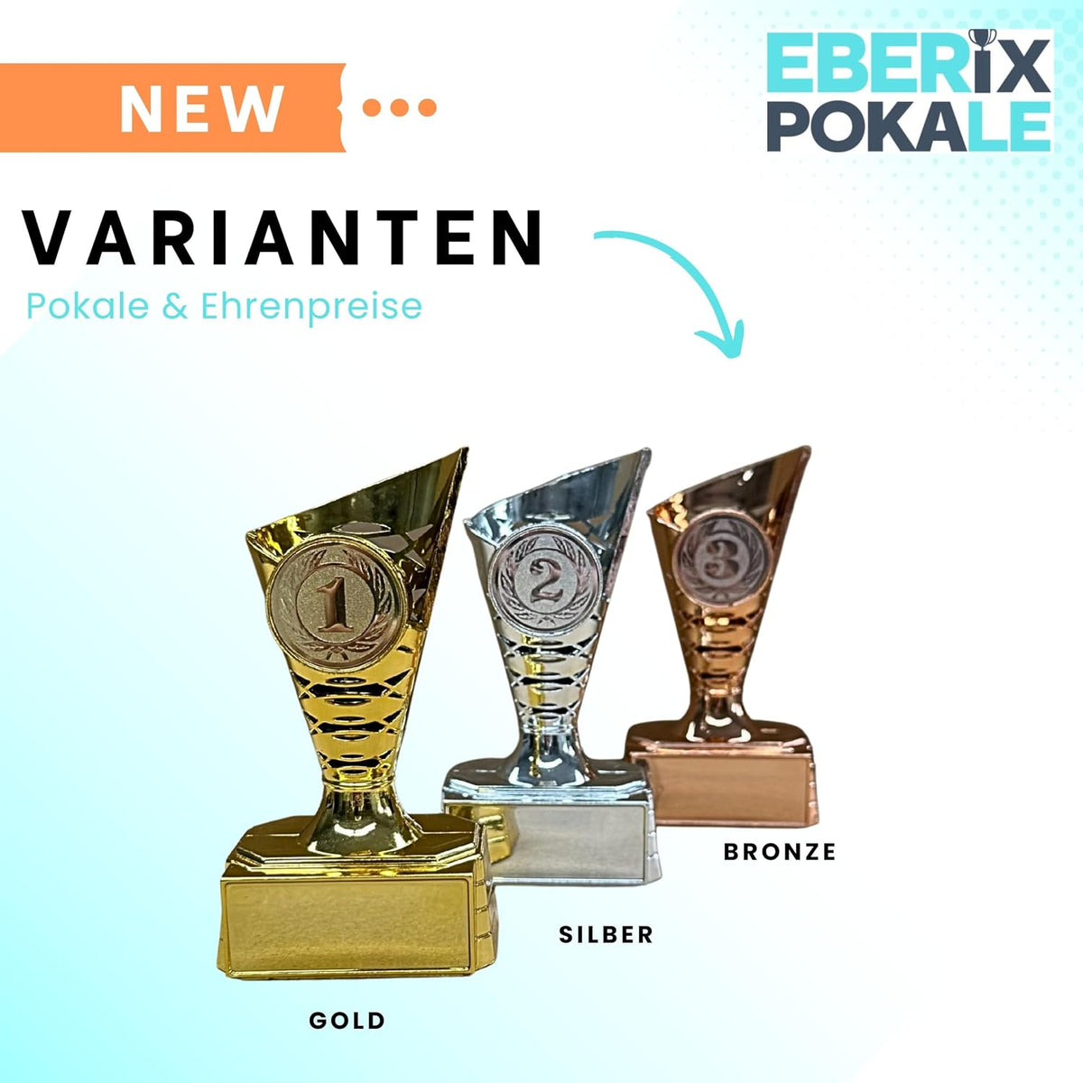 EBERiX – 3er Pokal-Set Platz 1, 2, 3 – Mini-Trophaeen aus Kunststoff mit Gravur – Gold, Silber & Bronze – ca. 11 cm hoch – geeignet fuer Turniere, Kinderfeste, Spieleabende & als Geschenkpokal