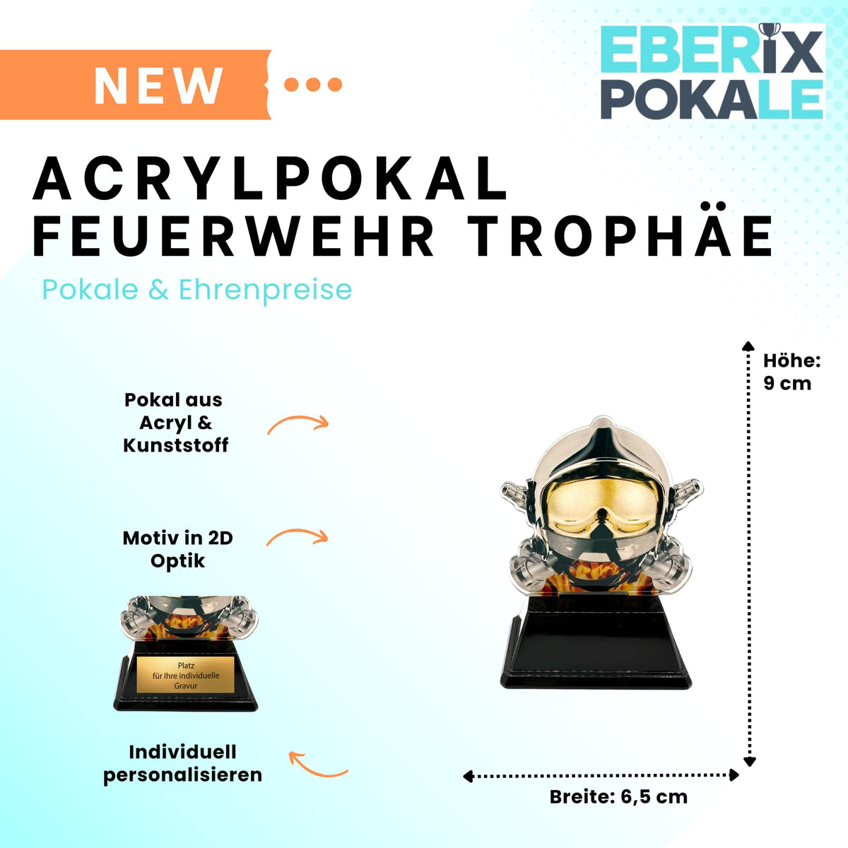 XS Acryl Feuerwehr Pokal 9 cm Hoch - Trophäe mit Gravurschild & Helm-Motiv