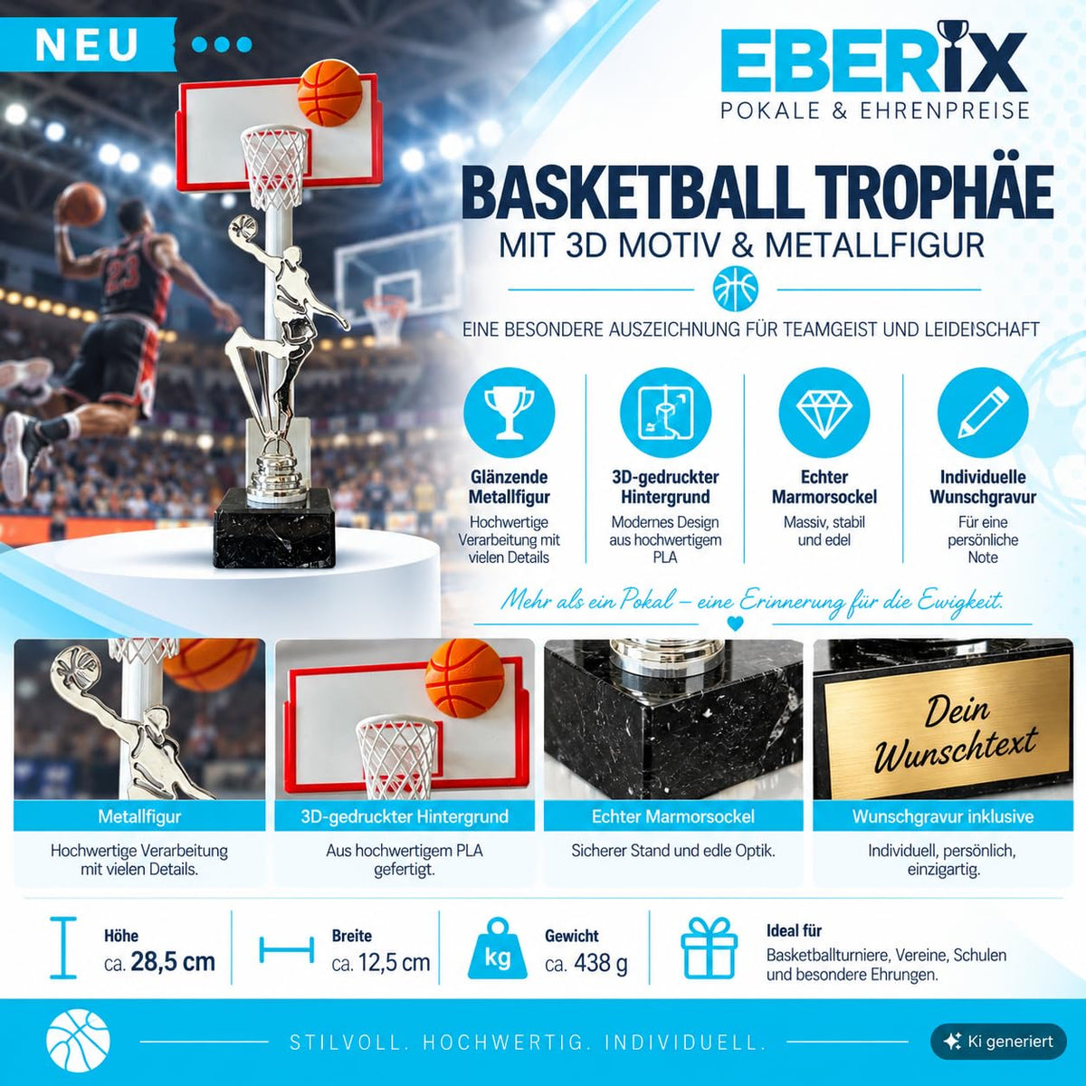 Basketballpokal 28,5 cm Metallfigur mit Wunschgravur & 3D-Hintergrund