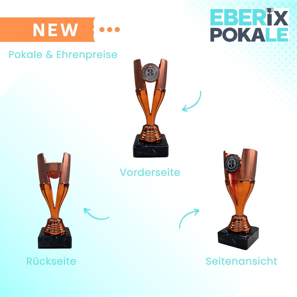 EBERiX POKALE – Pokal 15 cm mit Gravur auf Marmorsockel – wählbar in Gold Silber Bronze – personalisierte Kunststoff Trophäe – Award für Turniere & Events – einzeln oder als 3er-Set