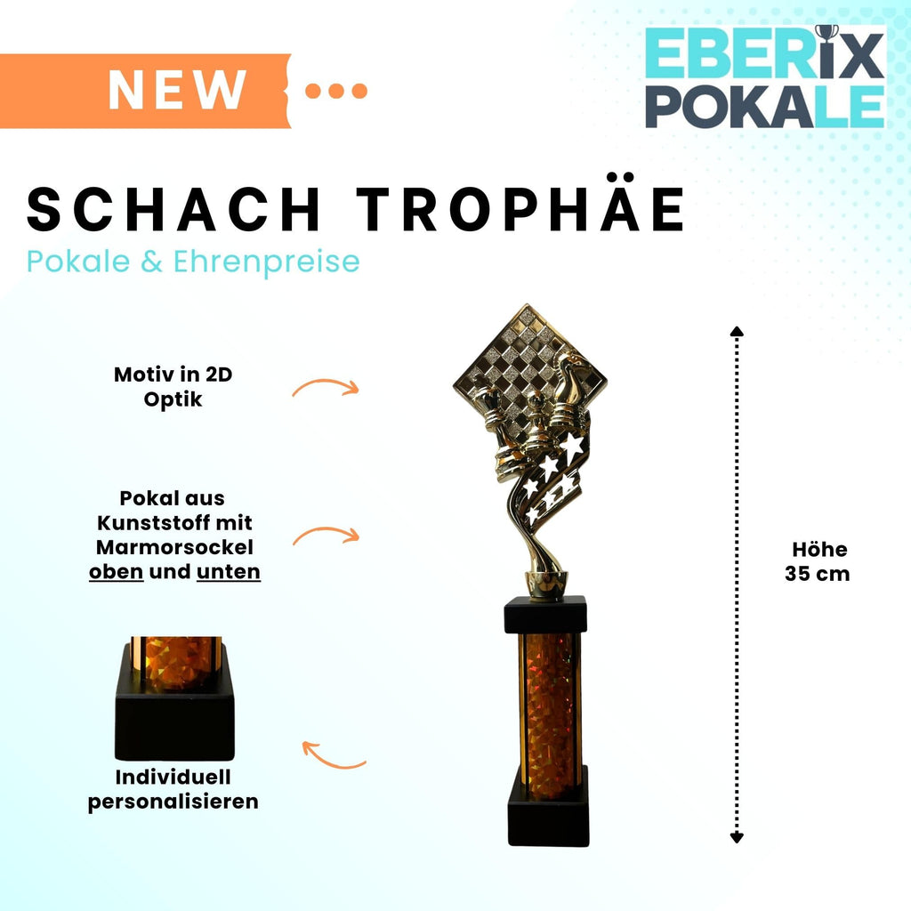 eberix · Schach Pokal · mit Wunschgravur · Trophäe mit Figuren & Brett Motiv · Siegerpokal für Schachturnier, Vereinsmeisterschaft, Denksport-Wettbewerb · personalisierbar ·