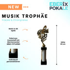 eberix · Musik Notenschlüssel Pokal · mit Wunschgravur · Trophäe mit weißer Glanzsäule · Pokal für Musikwettbewerb, Band, Chor, Musikschule, Vereinsauszeichnung · personalisierbar ·