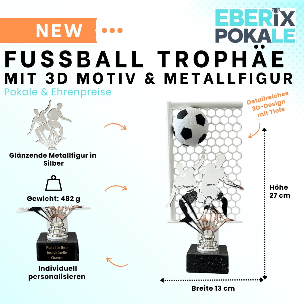 Fußball Trophäe 27 cm Metallfigur mit Wunschgravur & 3D-Hintergrund
