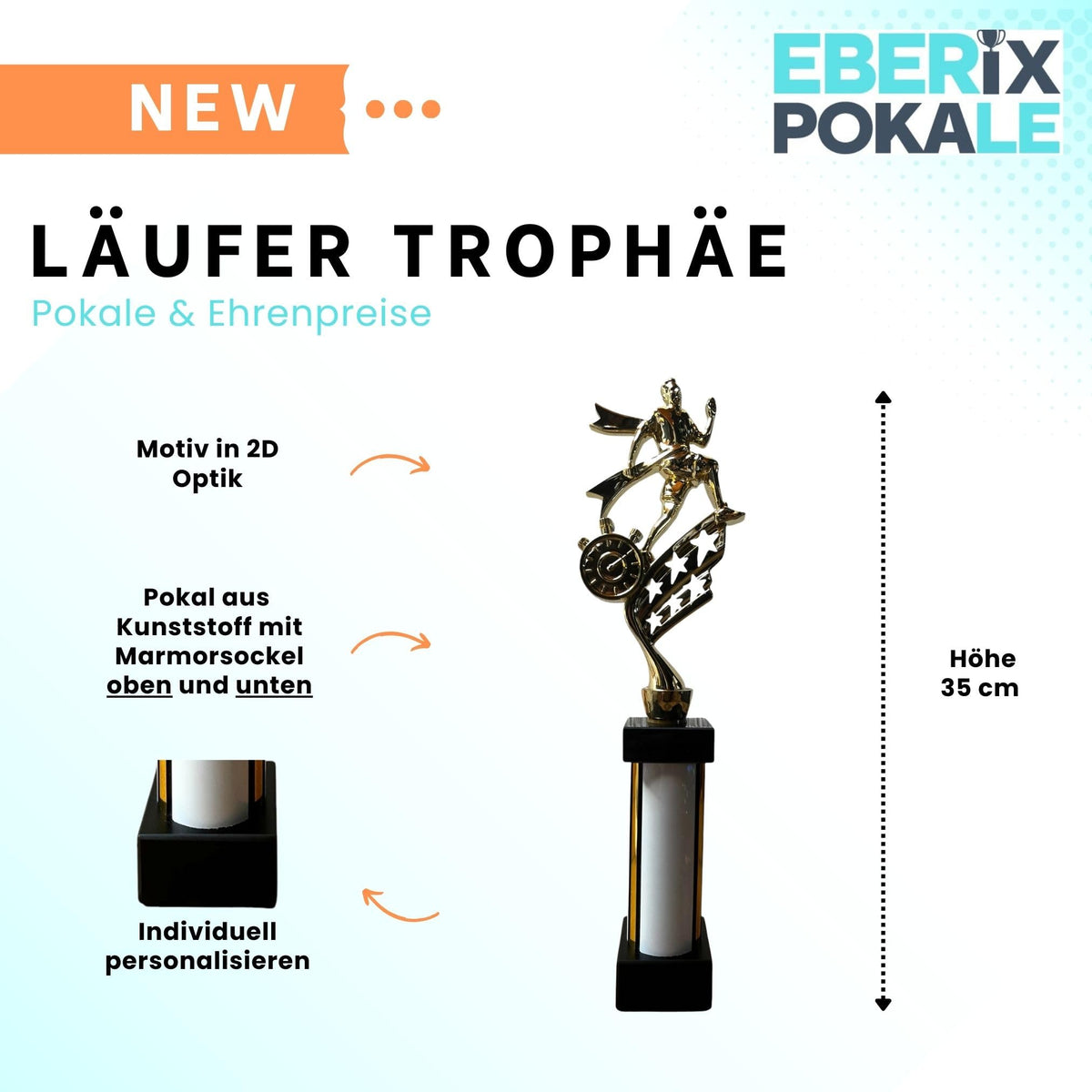 eberix · Laufsport Pokal · mit Wunschgravur · Trophäe mit weißer Glanzsäule · Siegerpokal für Laufwettkampf · Volkslauf · Sportfest Vereinsmeisterschaft · personalisierbar ·