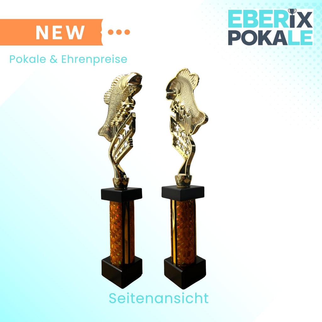 eberix · Angelsport Pokal · mit Wunschgravur · Trophäe mit Glanzsäule · Siegerpokal für Angelturnier, Vereinsfischen, Fischerfest, Raubfisch-Cup · personalisierbar ·