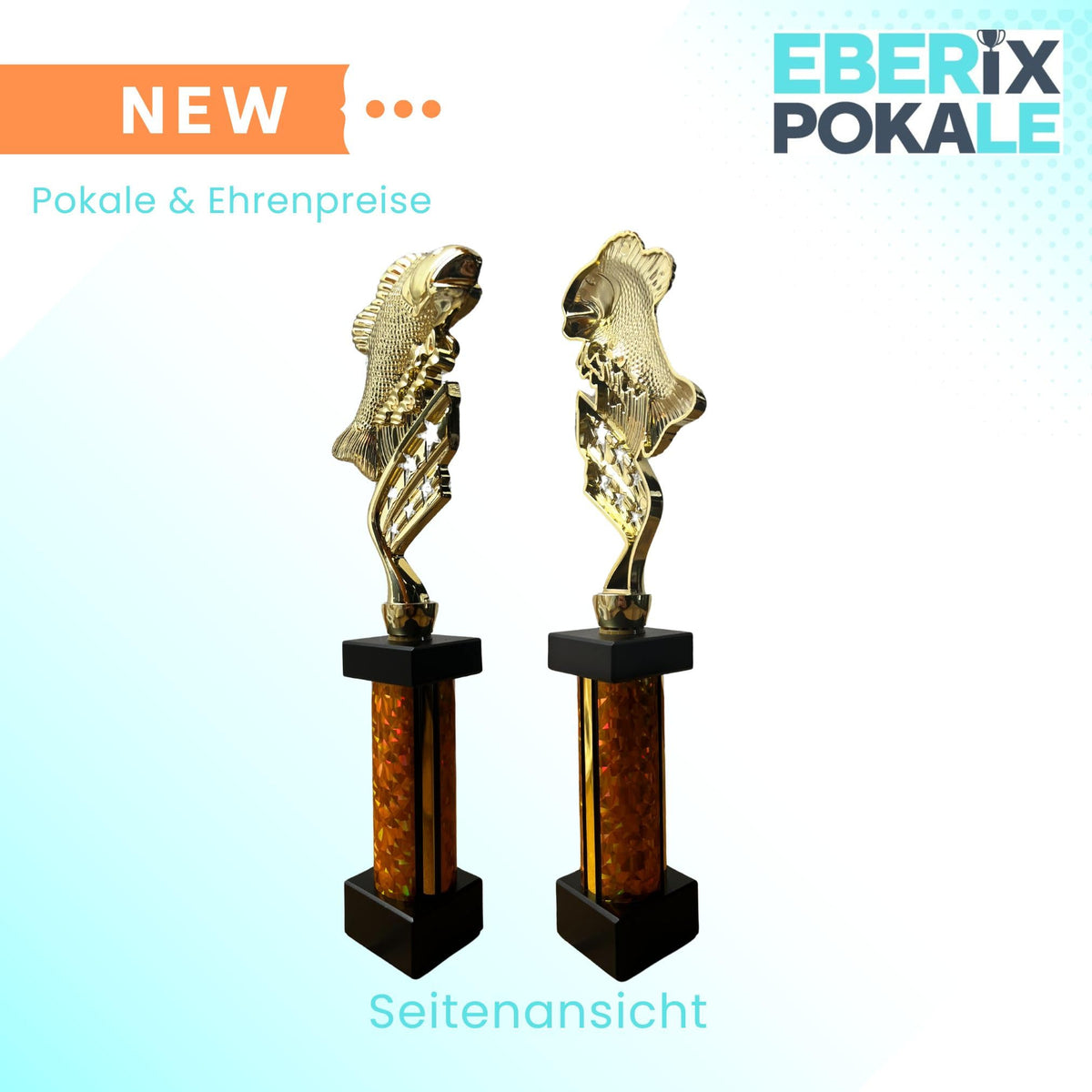 eberix · Angelsport Pokal · mit Wunschgravur · Trophäe mit Glanzsäule · Siegerpokal für Angelturnier, Vereinsfischen, Fischerfest, Raubfisch-Cup · personalisierbar ·