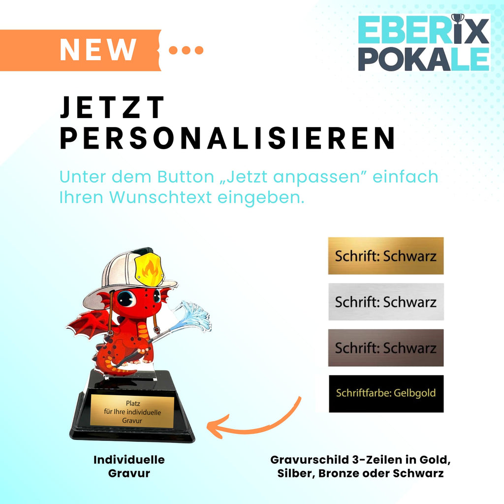 XS Kinderpokal Feuerwehr-Drache 10 cm - Trophäe mit Gravur & Schild