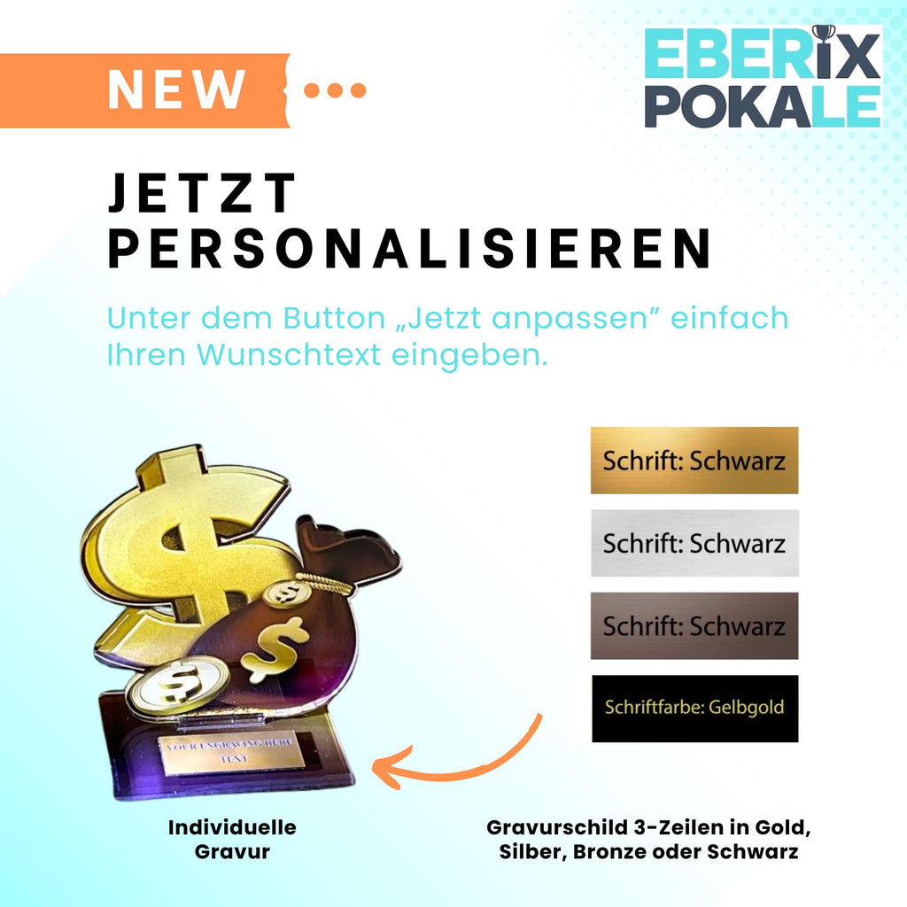 Dollarzeichenpokal Acryl Trophäe - Award Pokal mit Wunschgravur - Erfolg