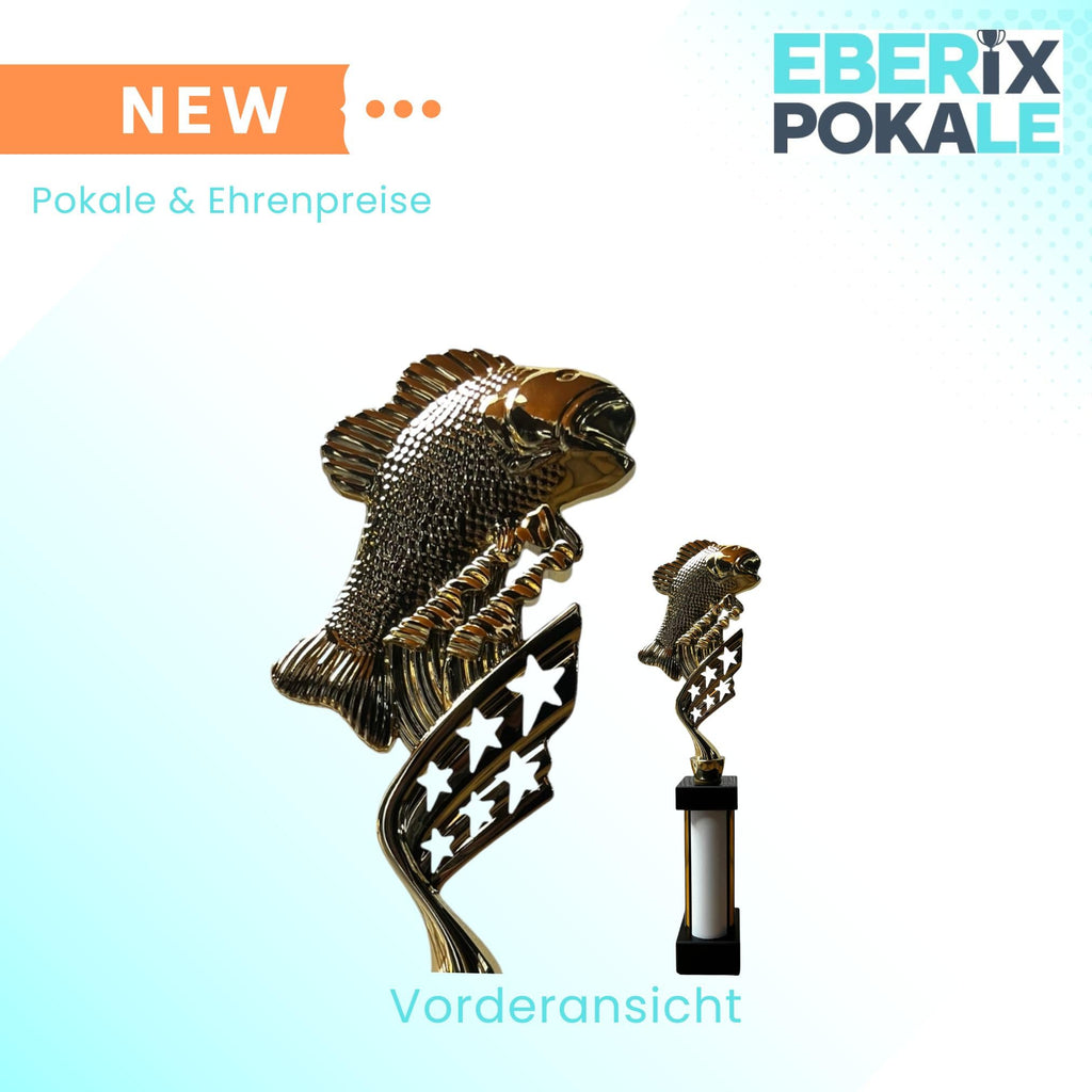 eberix · Angelsport Pokal · mit Wunschgravur · Trophäe mit Fisch-Motiv inkl. Gravur · Siegerpokal für Angelturnier, Vereinsfischen, Fischerfest, Raubfisch-Cup · personalisierbar ·