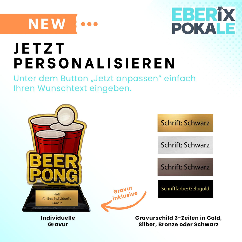 EBERiX POKALE – Beer Pong Acryl Pokal 15 cm hoch – Trophäe mit Gravurschild – Award für Partyspiele & Fun Events – personalisierbar