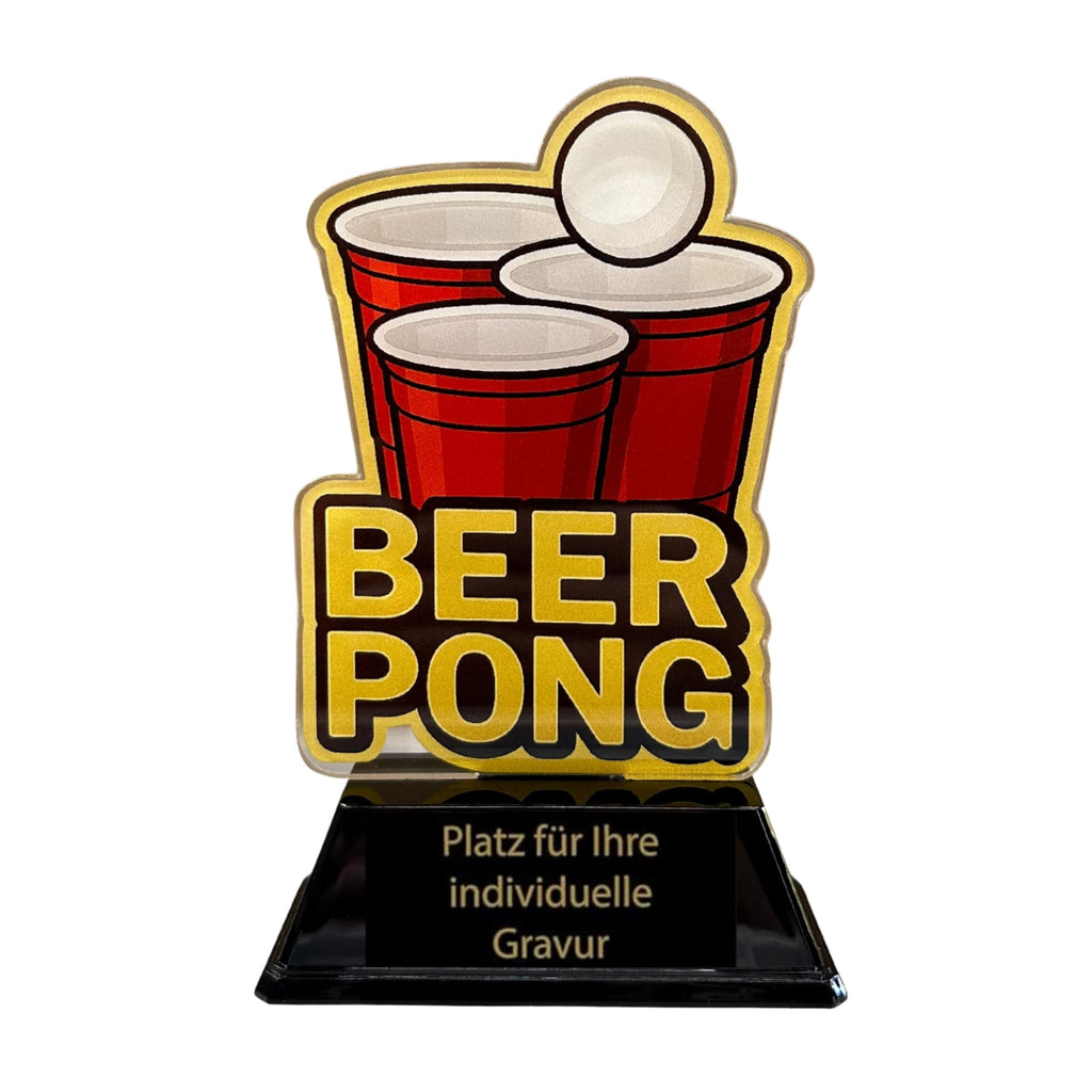 EBERiX POKALE – Beer Pong Acryl Pokal 15 cm hoch – Trophäe mit Gravurschild – Award für Partyspiele & Fun Events – personalisierbar