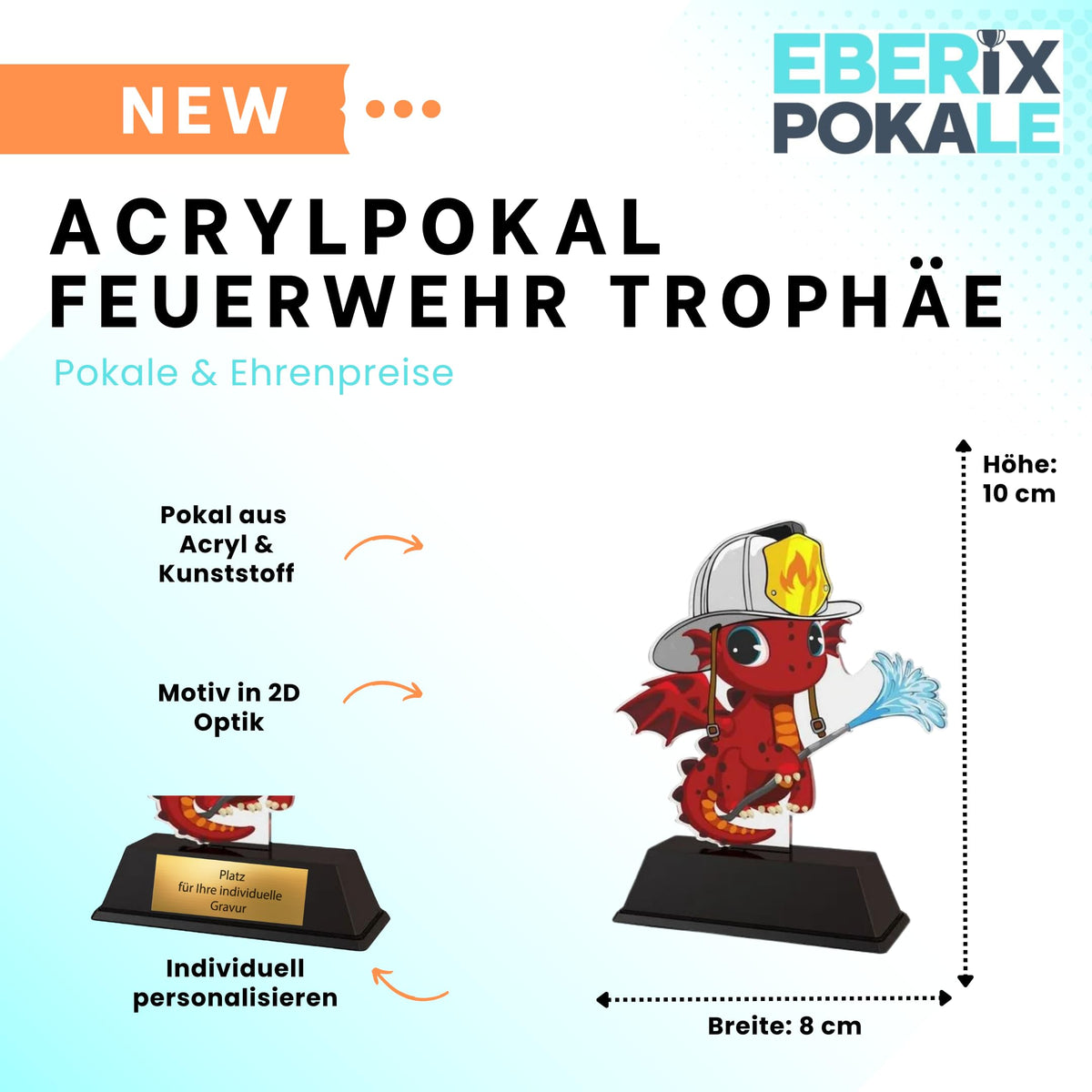 XS Kinderpokal Feuerwehr-Drache 10 cm - Trophäe mit Gravur & Schild
