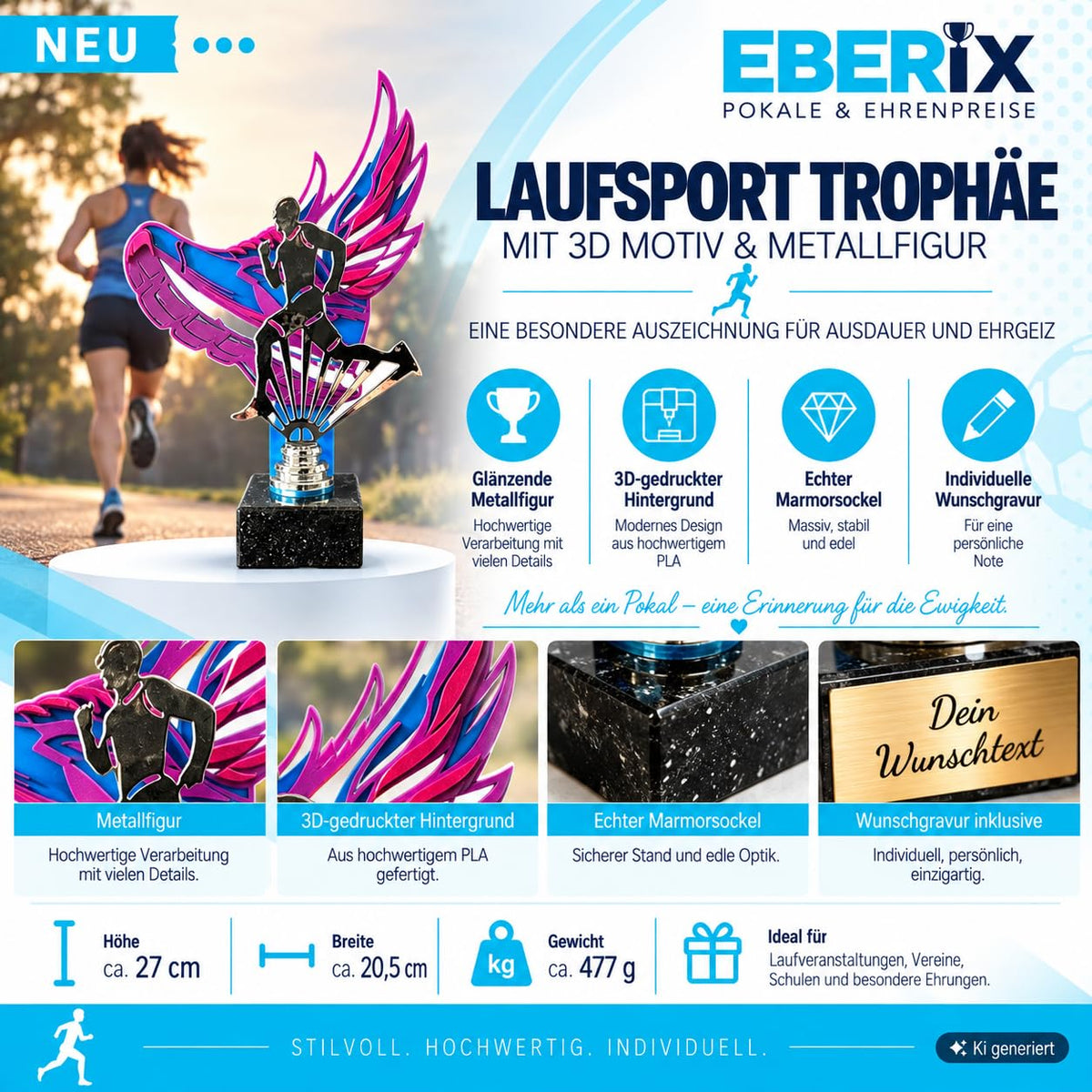 Laufsport Trophäe 27 cm Metallfigur mit 3D-Motiv & Wunschgravur