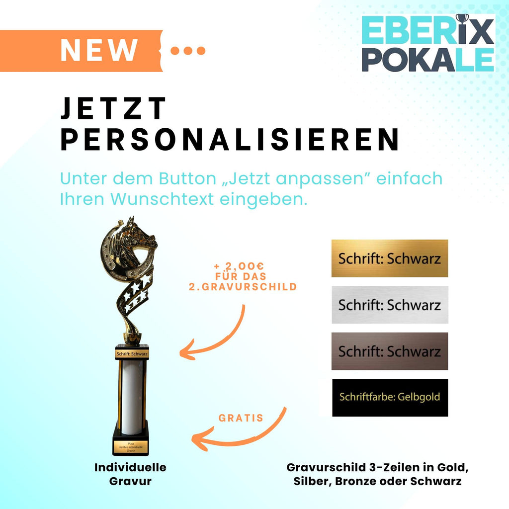 eberix · Reitsport Pokal · mit Wunschgravur · Trophäe mit Hufeisen-Motiv & weißer Glanzsäule · Siegerpokal für Reitturnier, Voltigieren, Dressur, Pferdesport ·