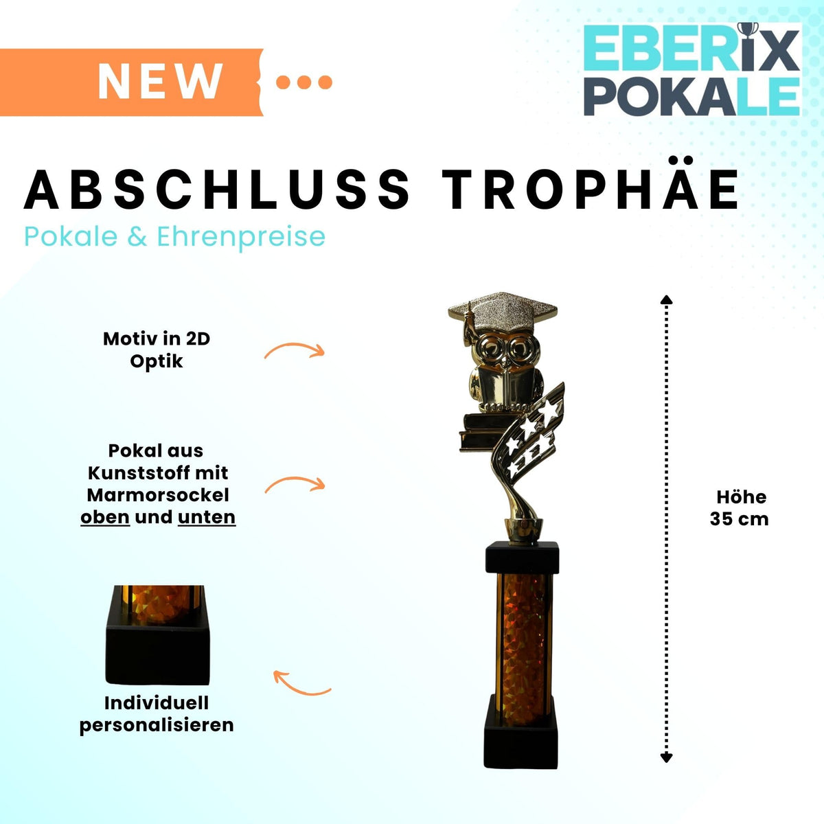 eberix · Bildung Eule Pokal · Trophäe mit Glanzsäule inkl. Gravur · Ehrenpreis für Schulabschluss, Klassenbeste, Abitur, Zeugnisverleihung · optional mit zweitem Gravurschild