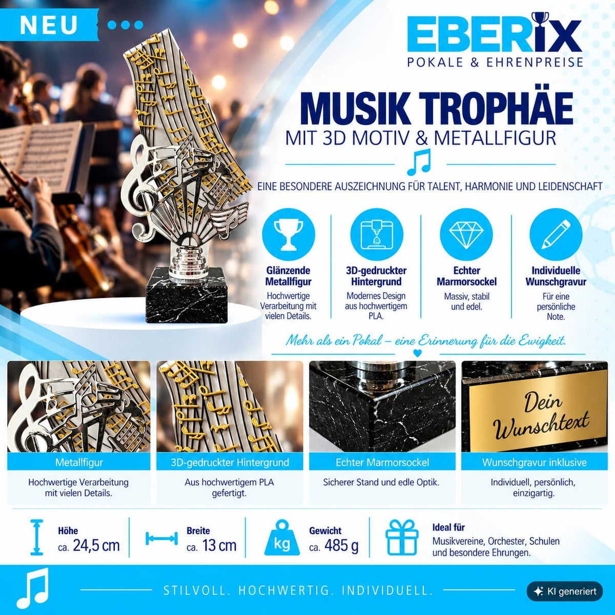 Musik Pokal 24,5 cm Metallfigur mit Wunschgravur & 3D-Hintergrund