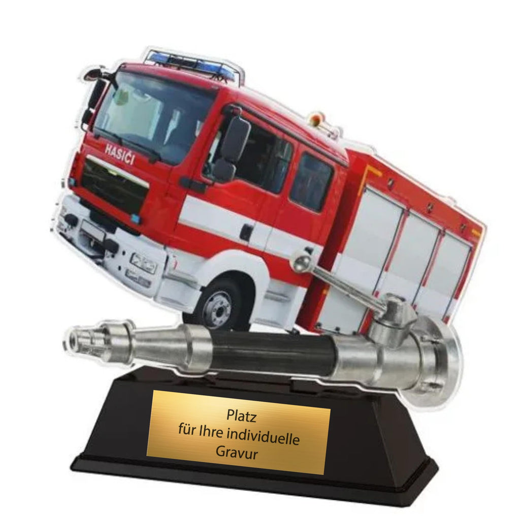 XS Feuerwehr Pokal 9 cm - Acryl Trophäe mit Feuerwehrauto & Gravurschild