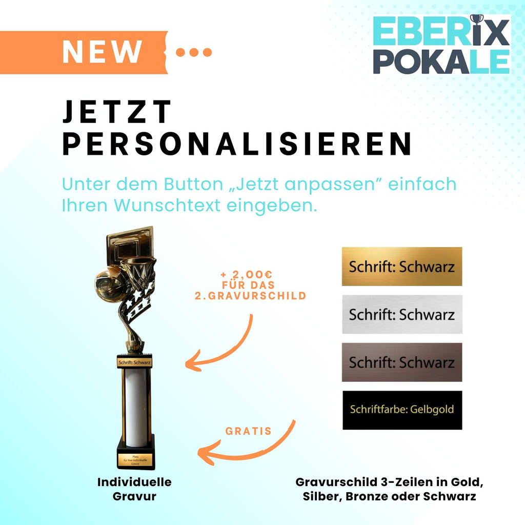 eberix · Basketball Pokal · mit Wunschgravur ·Trophäe mit Korb & Ball Motiv · Siegerpokal für Basketballturnier, Vereinsmeisterschaft, Streetball · personalisierbar ·