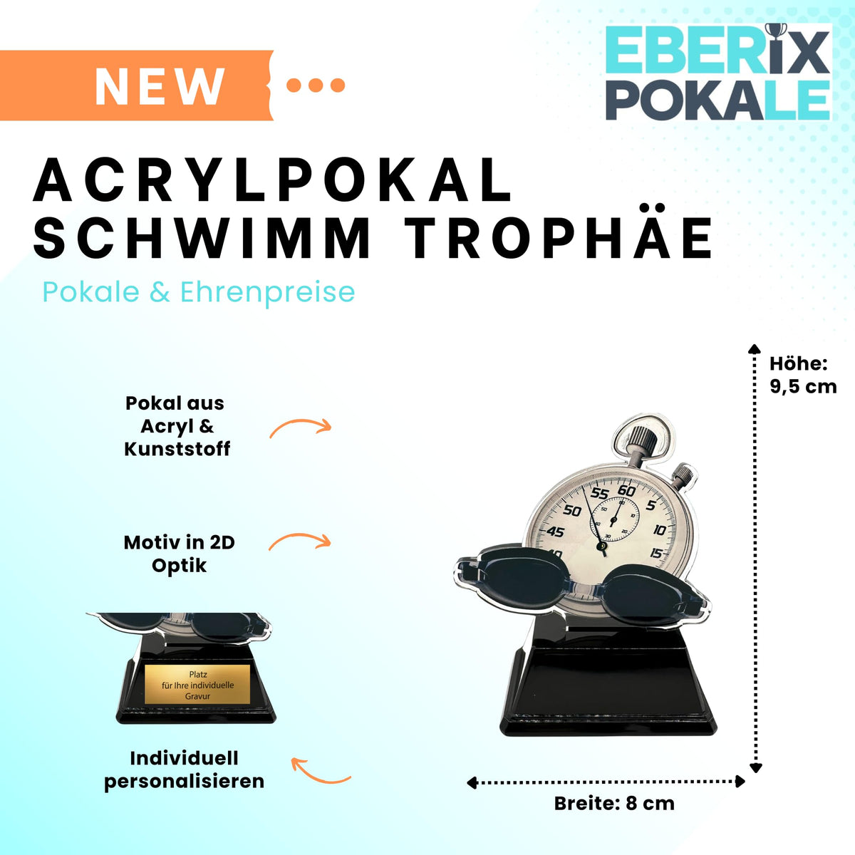 Schwimmer Pokal 9,5 cm - Acryl Trophäe mit Stoppuhr & Gravurschild