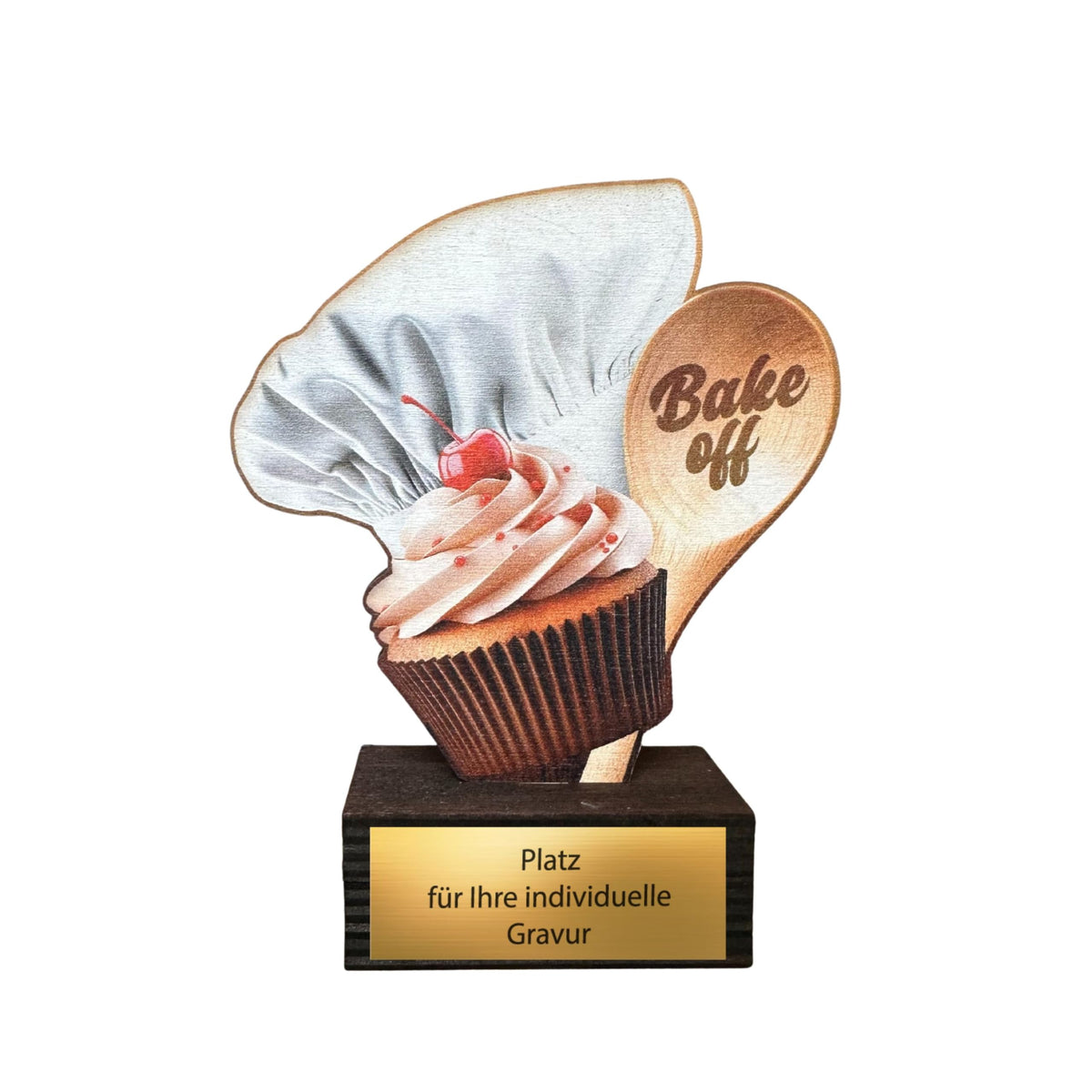 Backpokal 13,5 cm aus Holz - Trophäe für Backwettbewerb mit Cupcake Motiv
