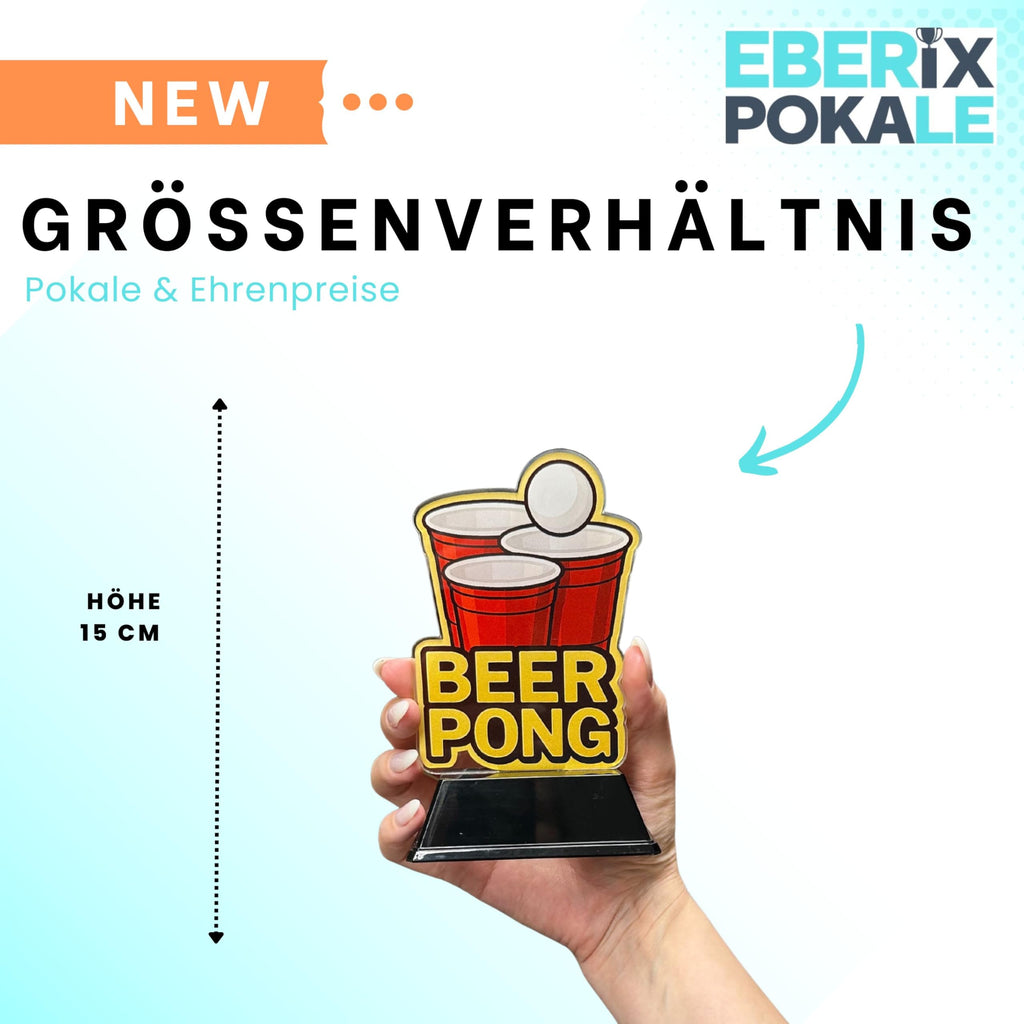 EBERiX POKALE – Beer Pong Acryl Pokal 15 cm hoch – Trophäe mit Gravurschild – Award für Partyspiele & Fun Events – personalisierbar