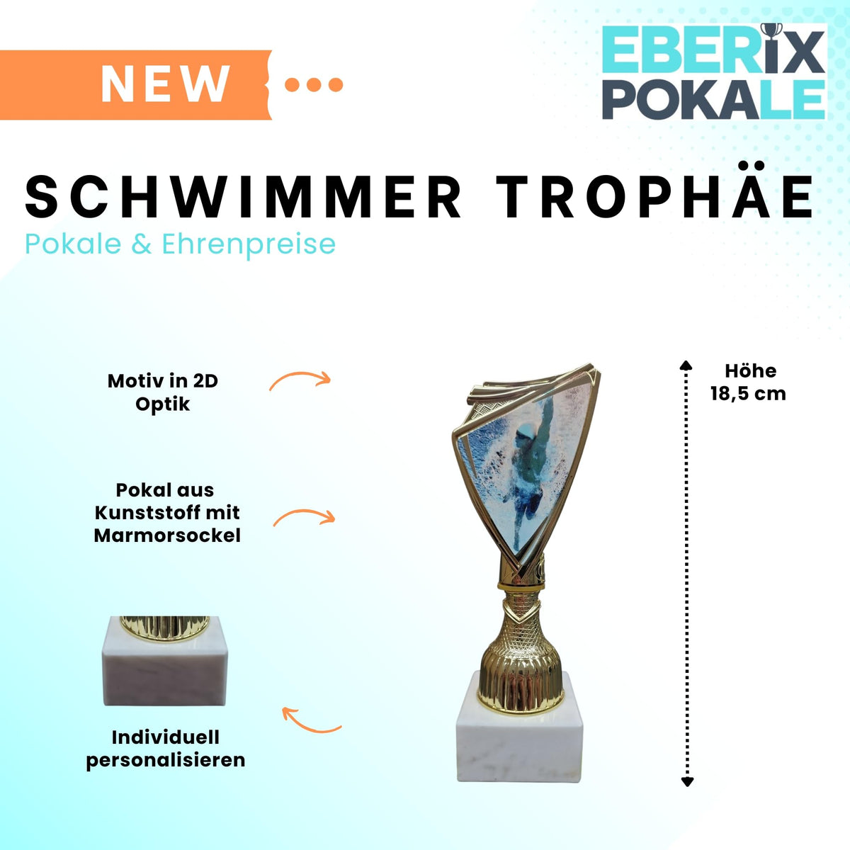 Schwimm Pokal 18,5 cm - 2D-Motiv Trophäe auf Marmor - Award mit Gravur
