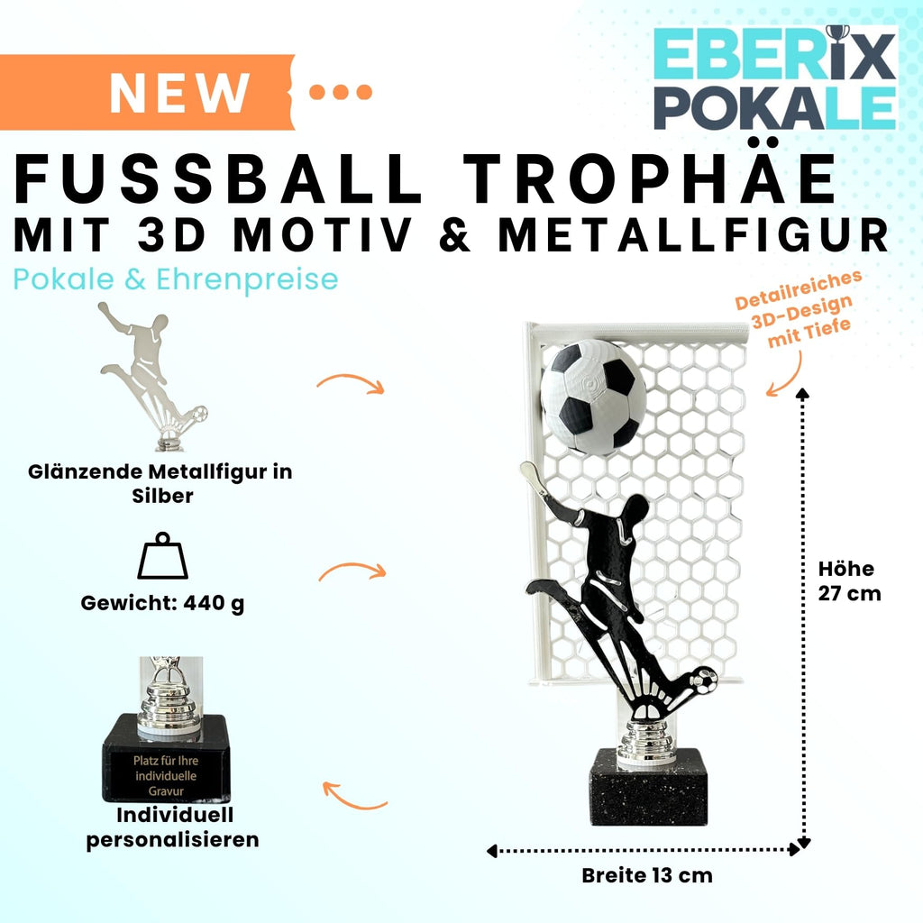 Fußball Pokal 27 cm Metallfigur mit Wunschgravur & 3D-Hintergrund