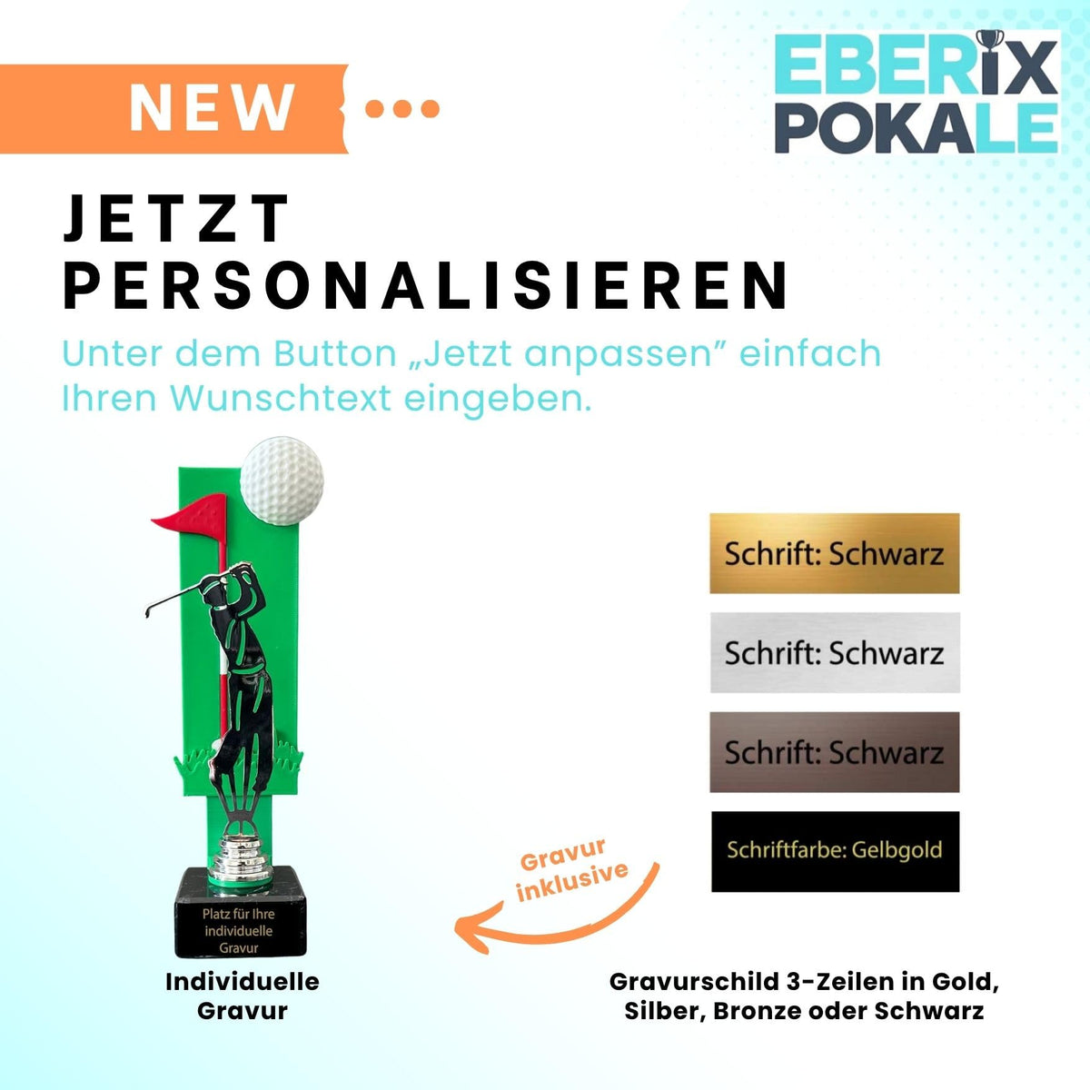 Golfpokal 25 cm Metallfigur mit Wunschgravur & 3D-Hintergrund