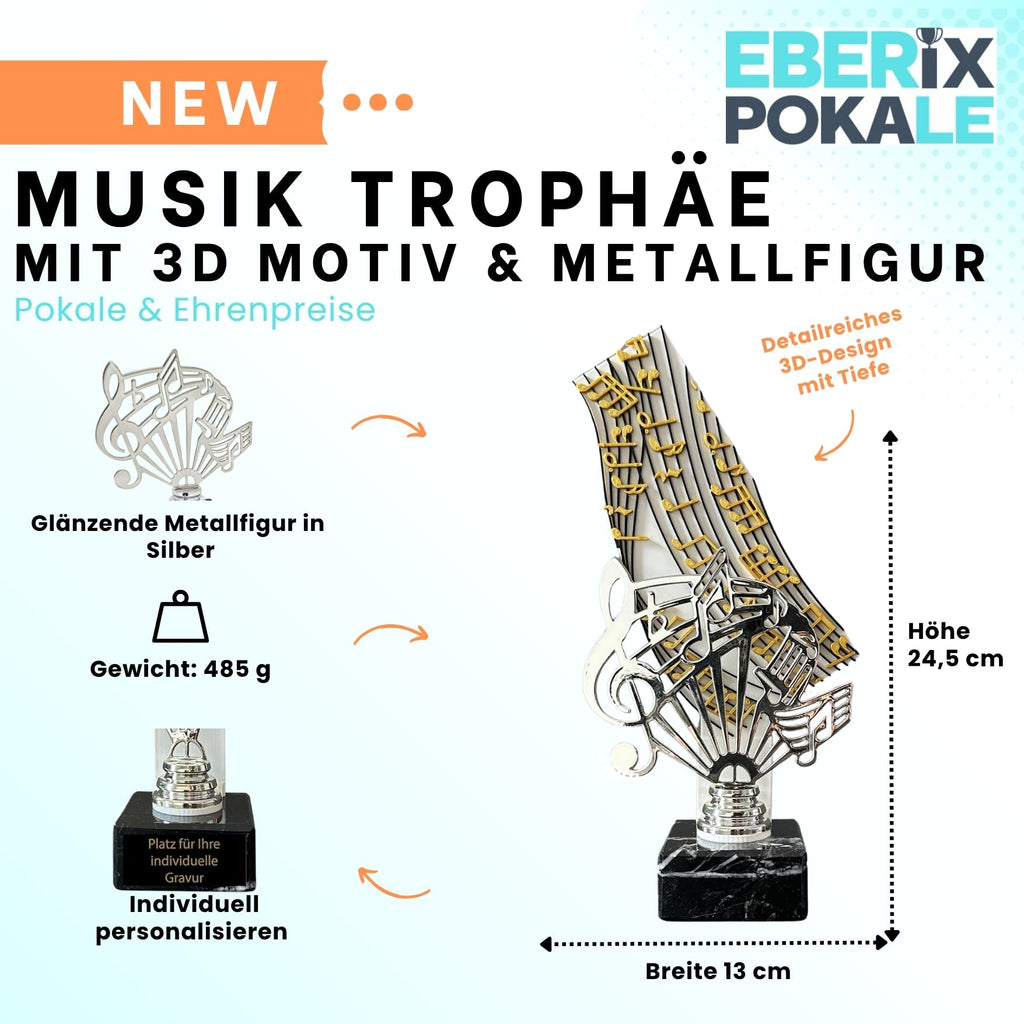 Musik Pokal 24,5 cm Metallfigur mit Wunschgravur & 3D-Hintergrund