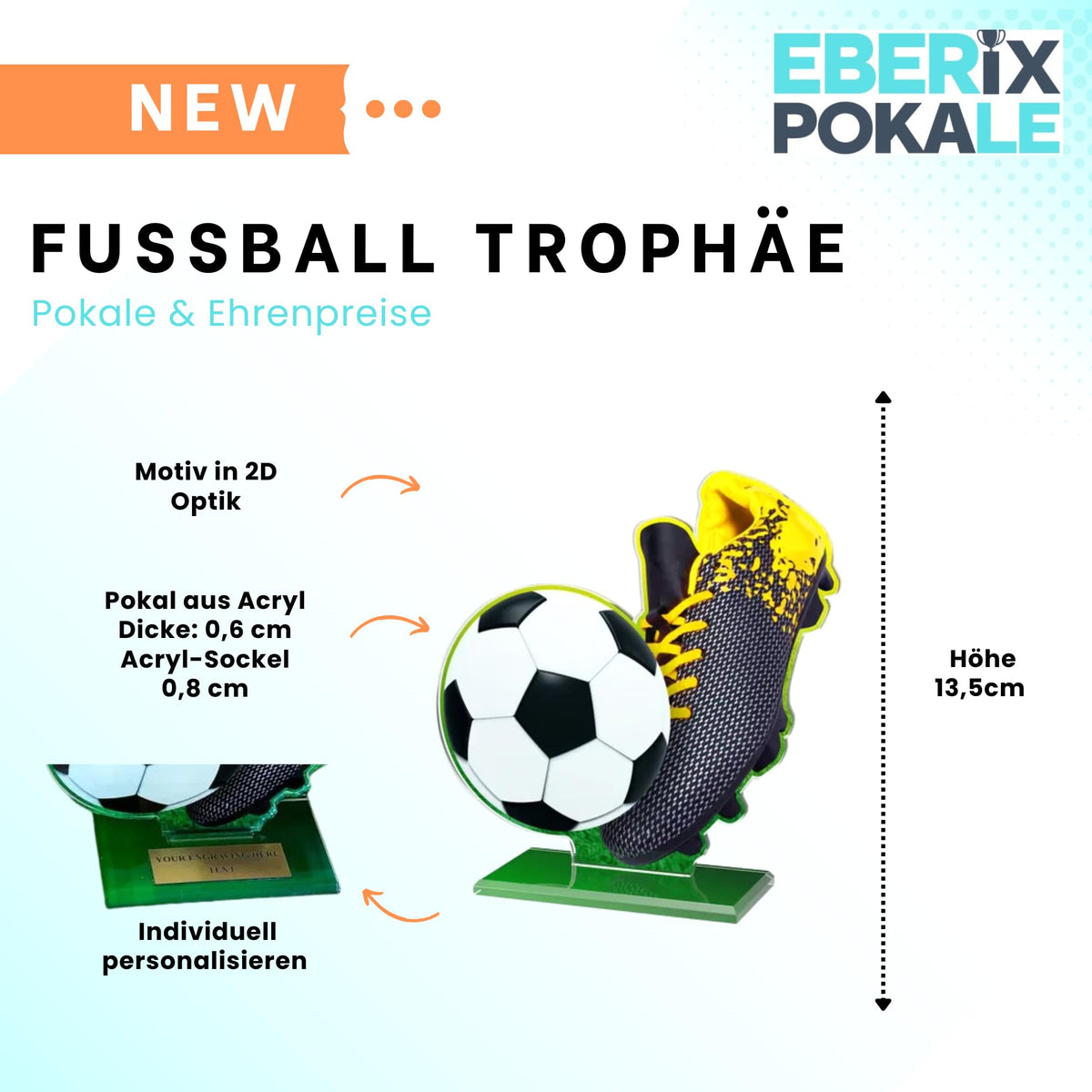 14 cm Fussballpokal Trophaee aus Acryl - 3D Design mit Schuh & Ball