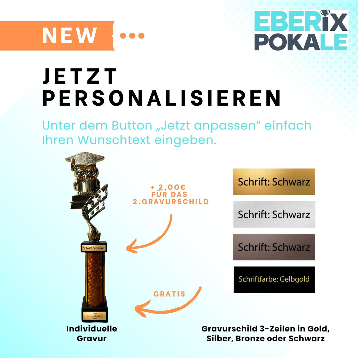 eberix · Bildung Eule Pokal · Trophäe mit Glanzsäule inkl. Gravur · Ehrenpreis für Schulabschluss, Klassenbeste, Abitur, Zeugnisverleihung · optional mit zweitem Gravurschild
